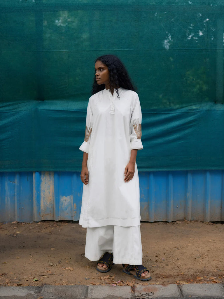 Ivory Midi Dress with Organza Panelled Sleeves Deval Store