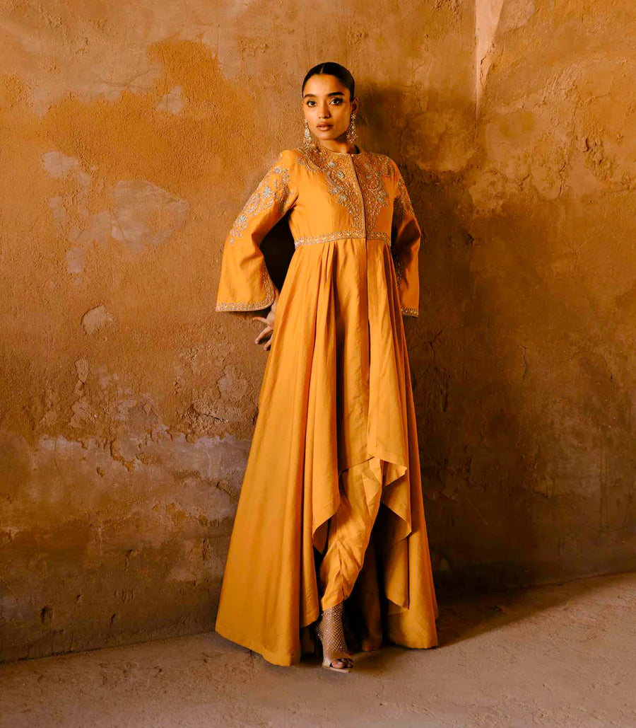 Yellow Anarkali Zardosi Embroidered Drape Set