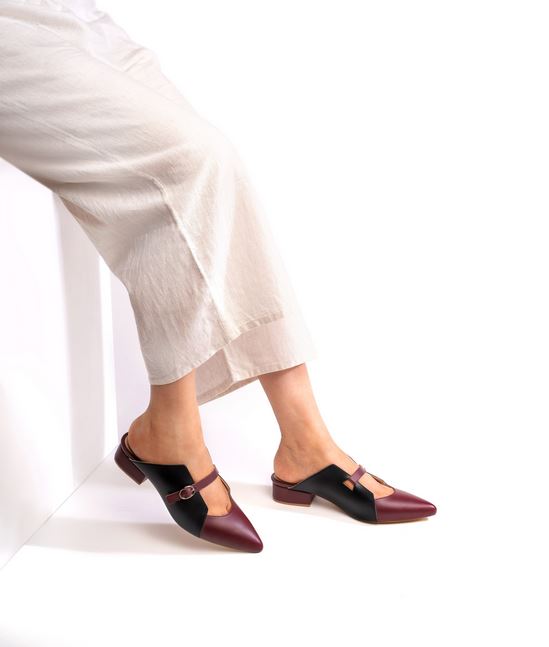 Maroon & Black Pointed Toe Leather Mule Flats With Mid Strap