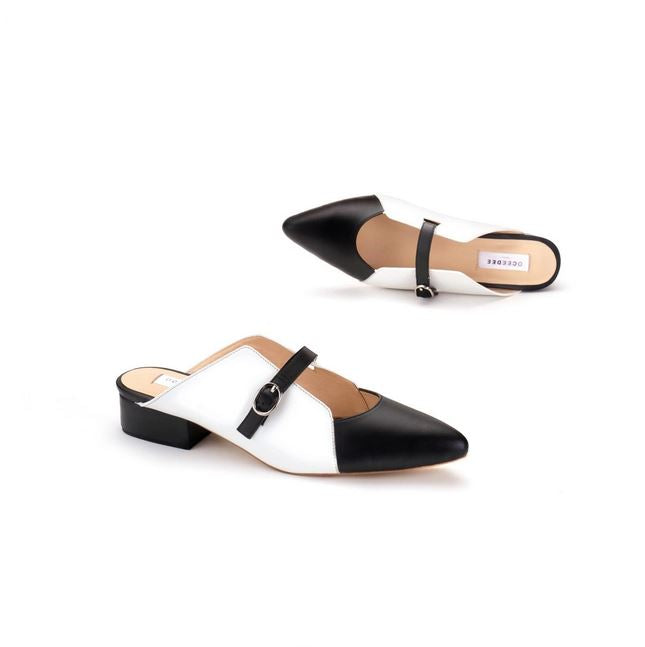 White & Black Pointed Toe Leather Mule Flats With Mid Strap
