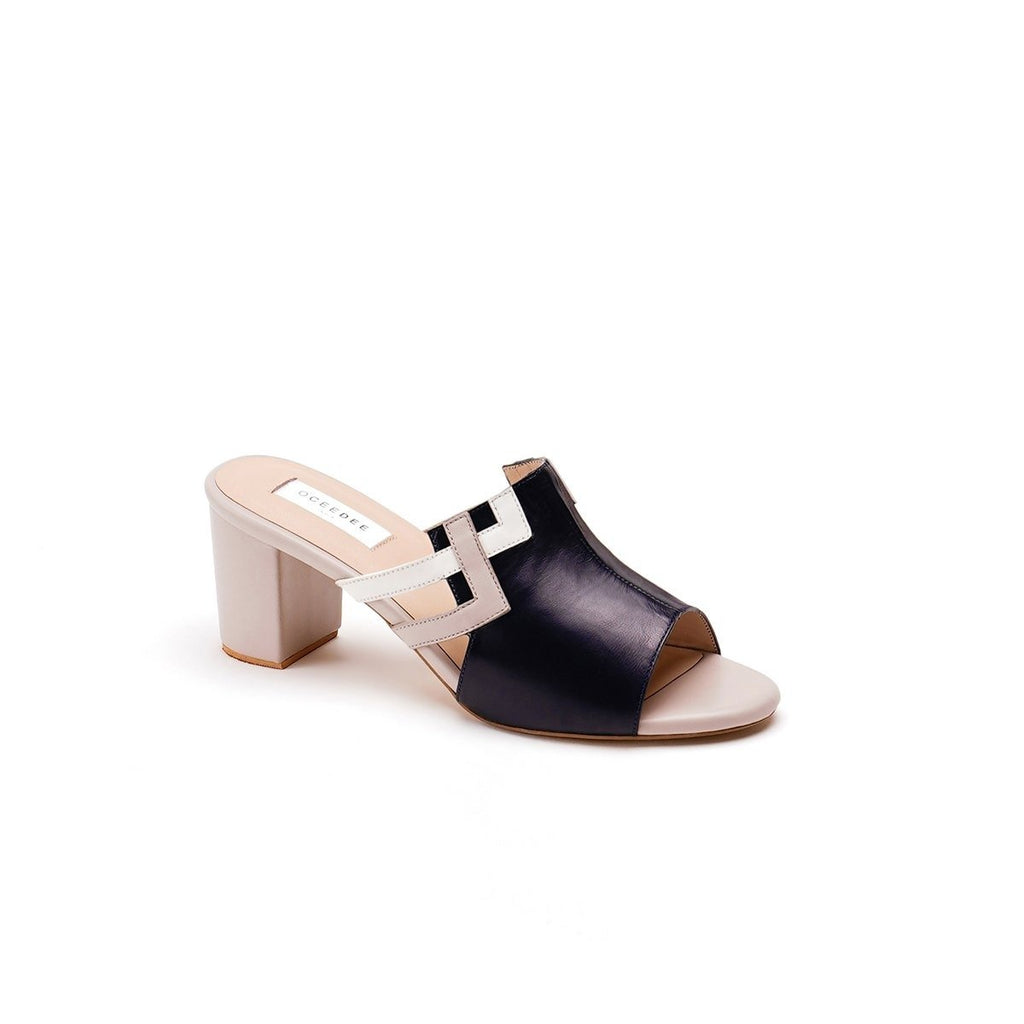 Black Pure Leather Mule Block Heels With Ivory Square Detailing