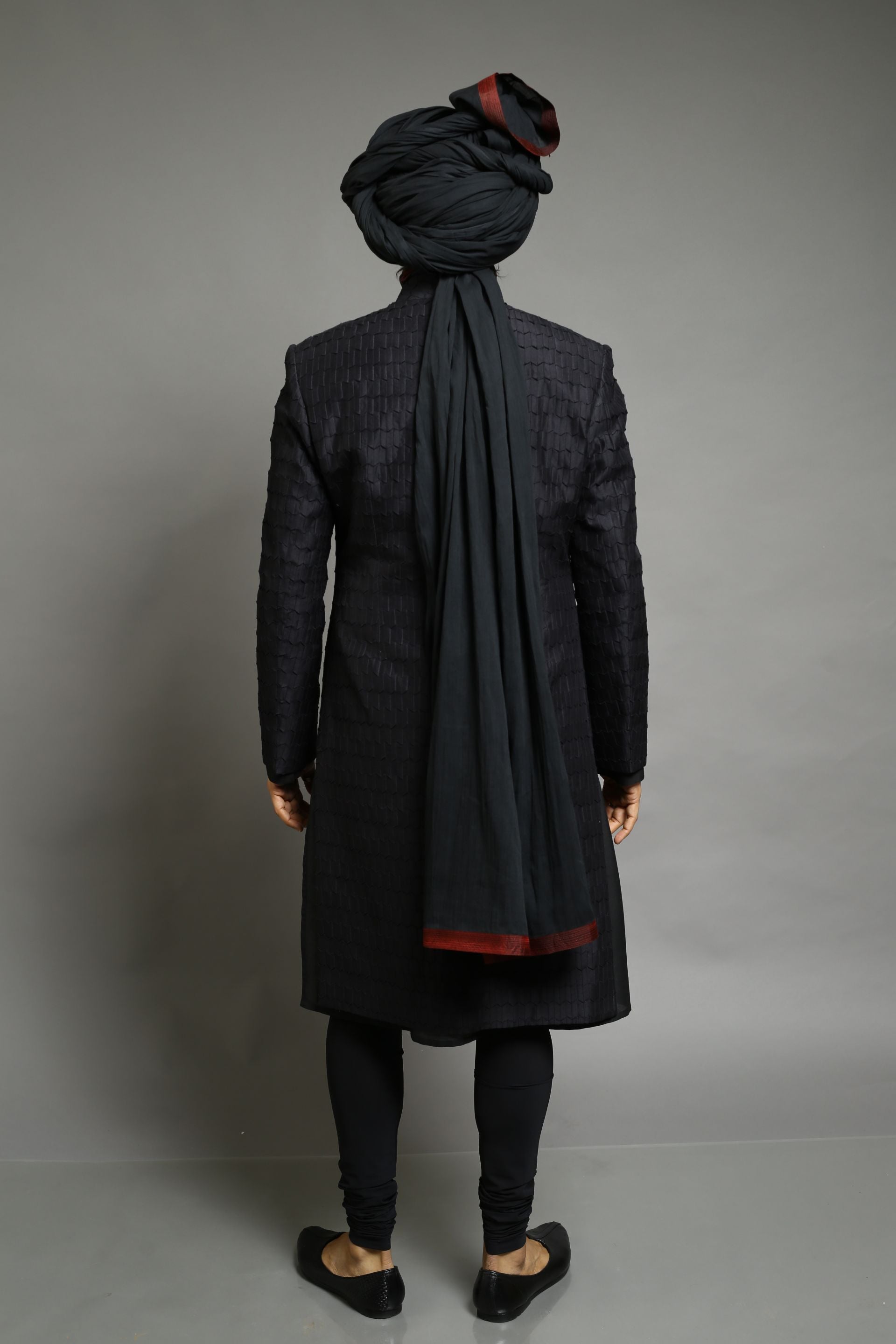 Black Chanderi Pleated Texture Bandhgala