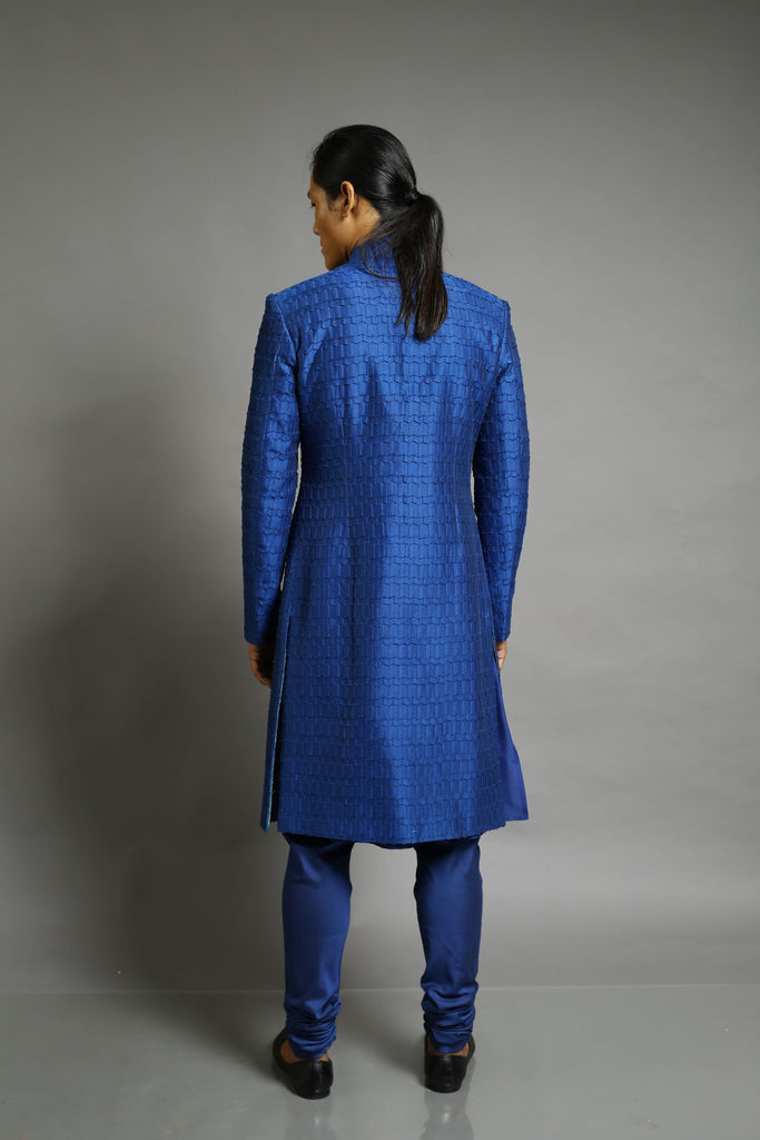 Blue Chanderi Textured Bandhgala