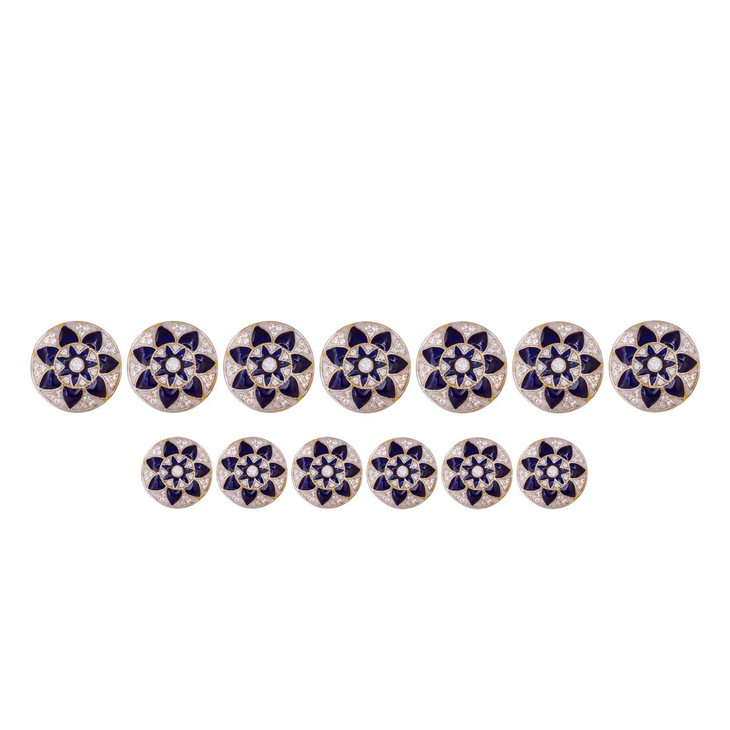 Blue Enamel Floret Buttons In Silver