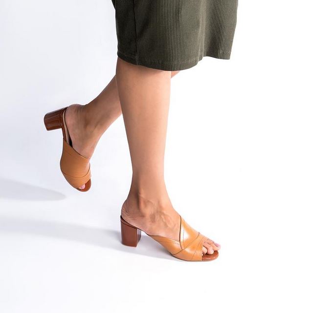 Tan Pure Leather Layered Mule Heels