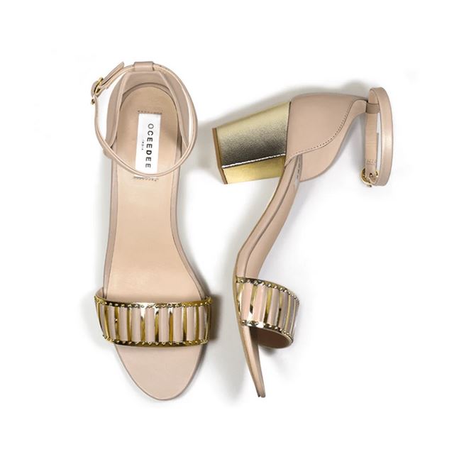 Beige Pure Leather Sandal Heels With Gold Embellishment