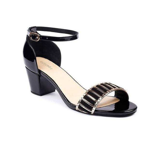 Black Pure Leather Sandal Heels With Gold Embellishment
