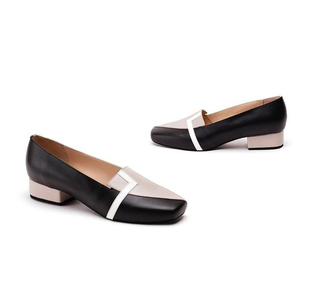 Black & Ivory Pure Leather Loafer Flats Crafted With Square Toe Design