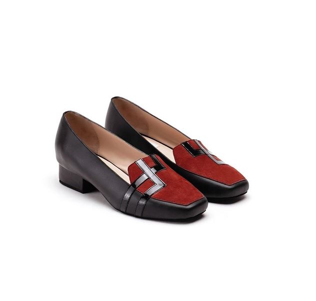 Black & Brown Pure Leather Loafer Flats With Double Square Design