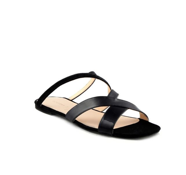 Black Pure Leather Asymmetrical Strappy Flat Sandals