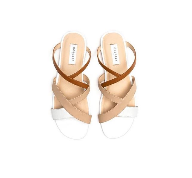 Beige Pure Leather Asymmetrical Strappy Flat Sandals With Contrasting Details