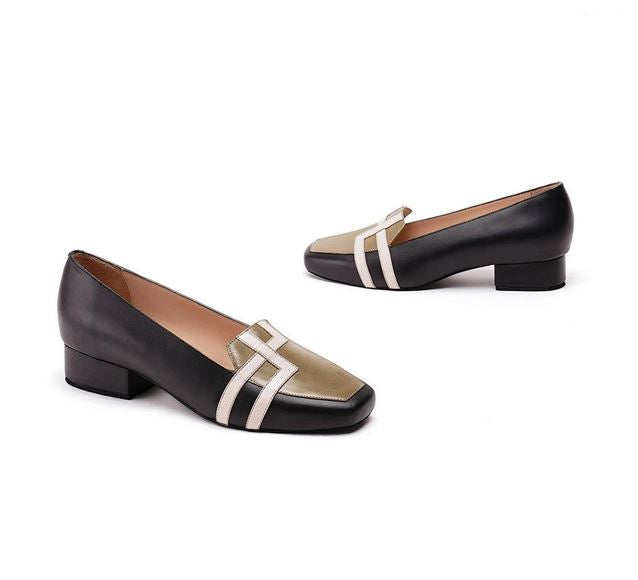 Black & Greenish Gold Pure Leather Loafer Flats With Double Square Design