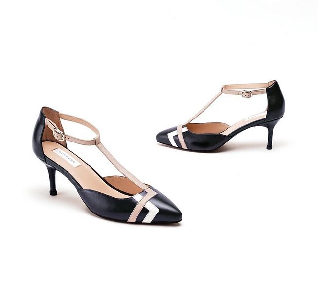 Black Pure Leather Lucia Pump Heels With Contrast Delicate T Strap