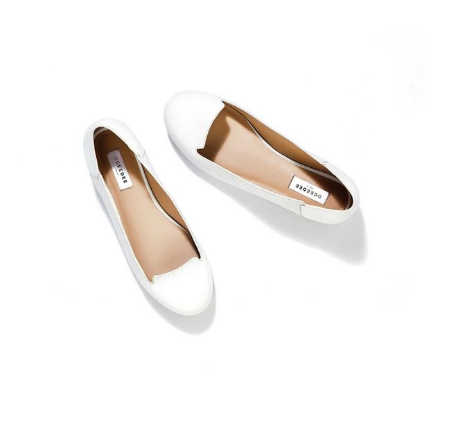 White Pure Leather Flats With Apron Toe Design