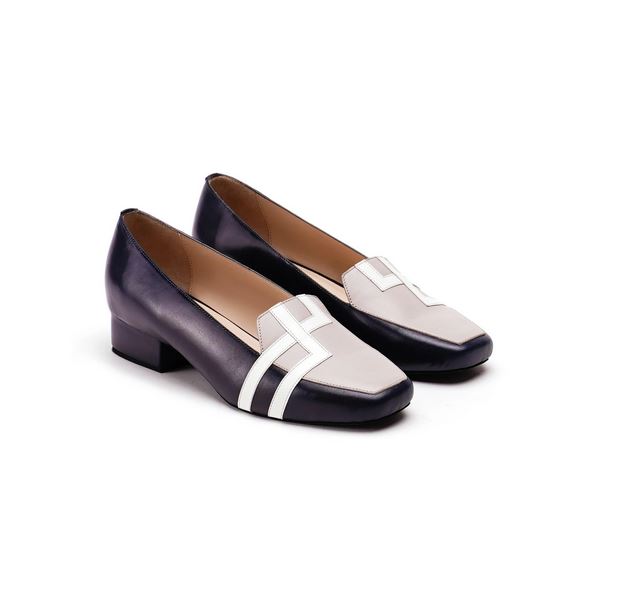 Black & Ivory Pure Leather Loafer Flats With Double Square Design
