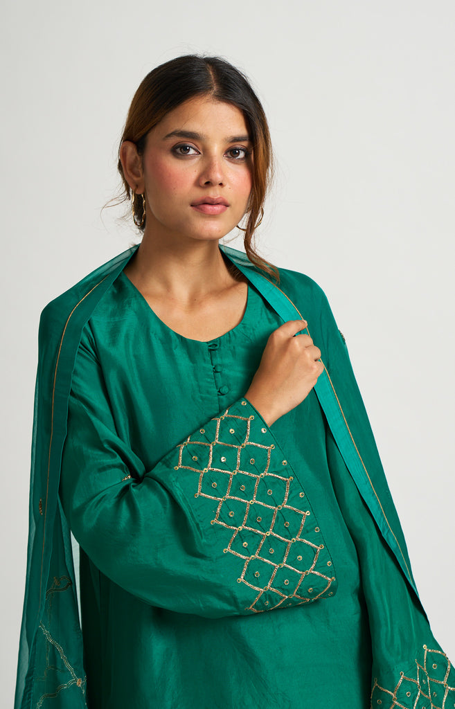 Green Silk Embroidered Sharara Set