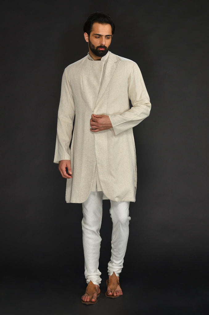 DOUBLE LAYER FLAX KURTA WITH SADDLE STITCH ON CHEST PAIRED WITH FLAX CHURIDAR