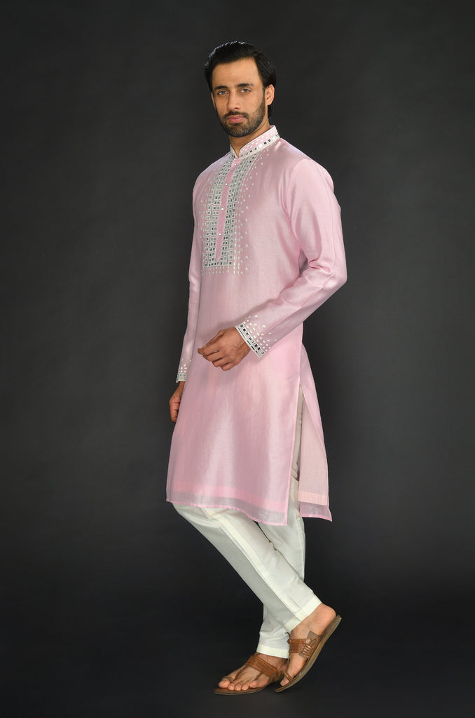 Baby Pink Pure Chanderi Silk Kurta with Applique Thread Embroidery