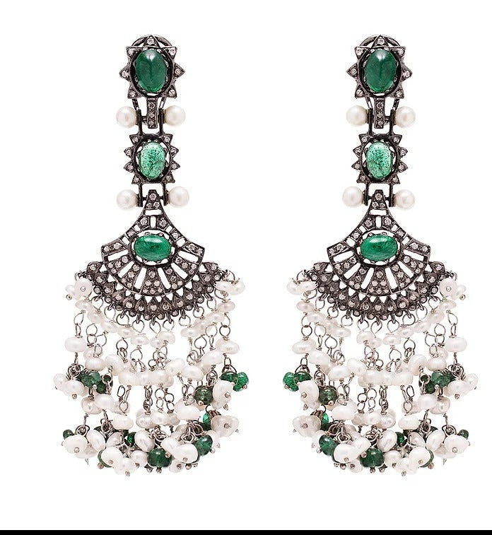 Pearl and emerald flare fringe earrings