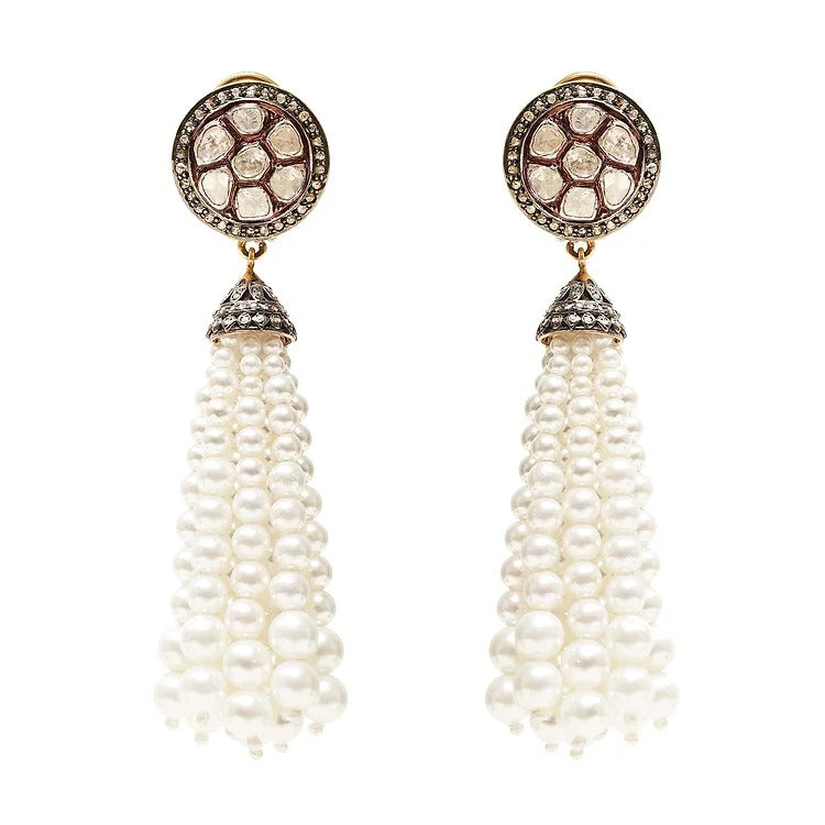 Piccolo Round Uncut Diamond Earrings with Pearl Fringe
