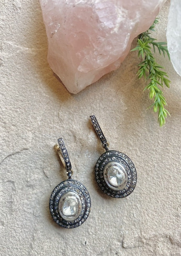 Double Diamond Oval Dangling Uncut Diamond Earrings