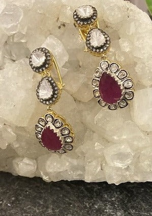Clara Ruby And Uncut Diamond Dangling Earrings