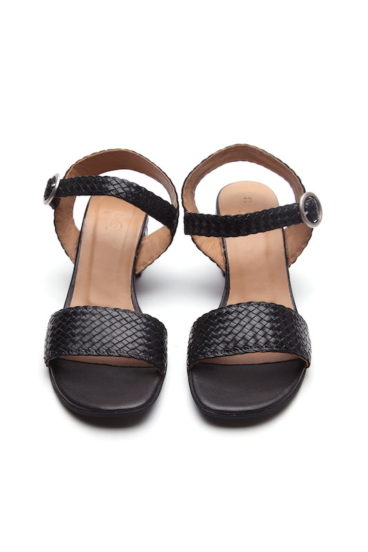 Black Leather Ester Block Heel Sandals