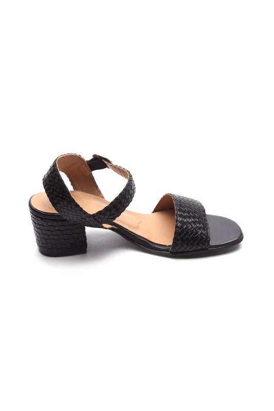 Black Leather Ester Block Heel Sandals