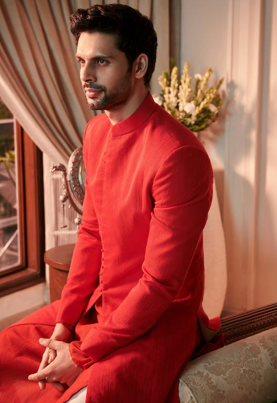 Red Handloom Silk Sherwani
