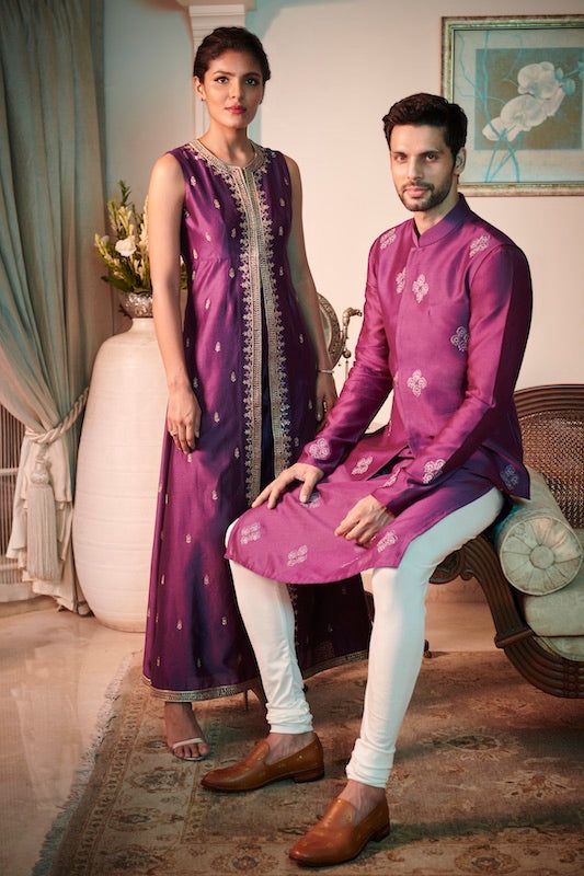 Lavender Chanderi Silk Embroidered Kurta With Nehru Jacket