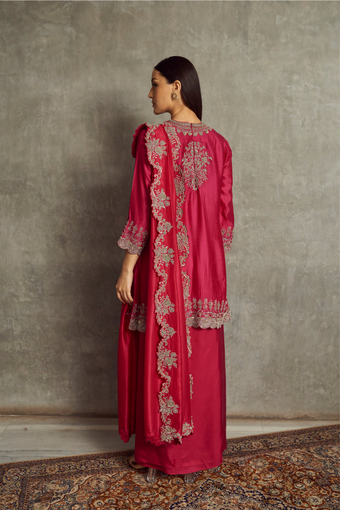 Pink Cheniya Silk Embroidered Kurta Skirt Set