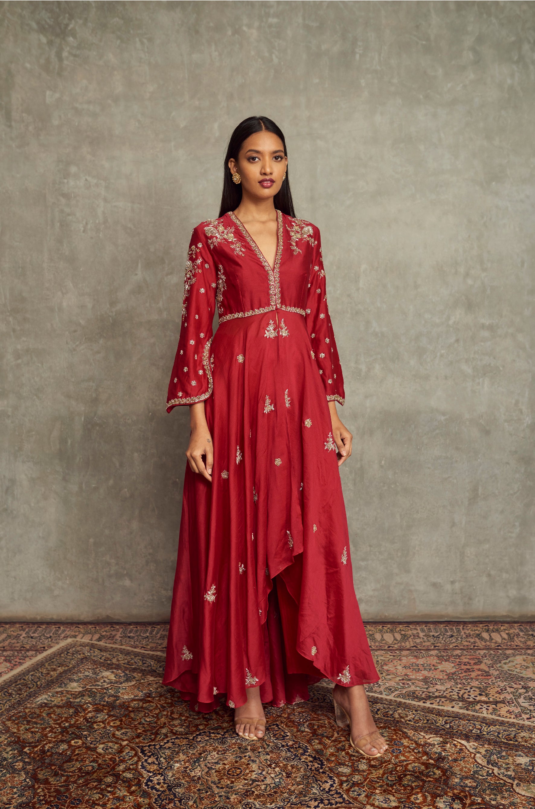 Red Embroidered High Low Anarkali With Palazzo