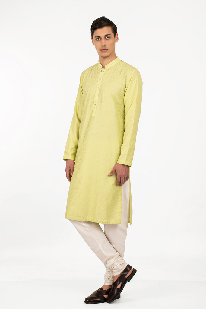 Lime Gwalior Embroidered Cotton Silk Kurta Set