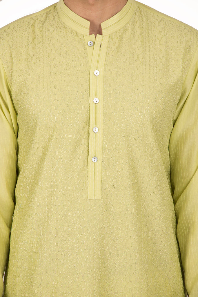 Lime Gwalior Embroidered Cotton Silk Kurta Set
