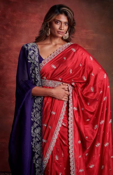 Red embroidered saree set