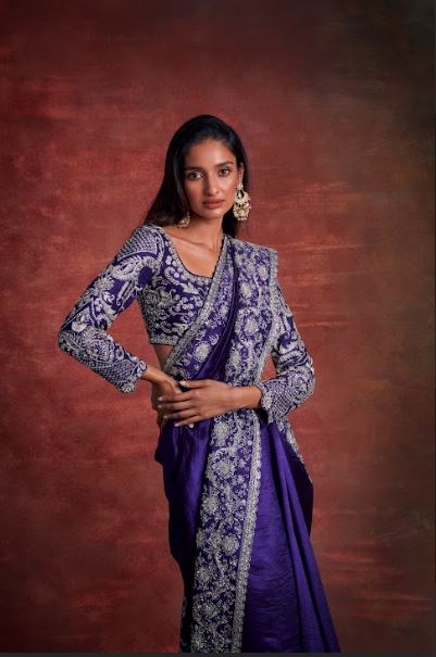 Purple embroidered saree set