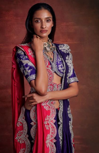 Purple and pink embroidered saree set