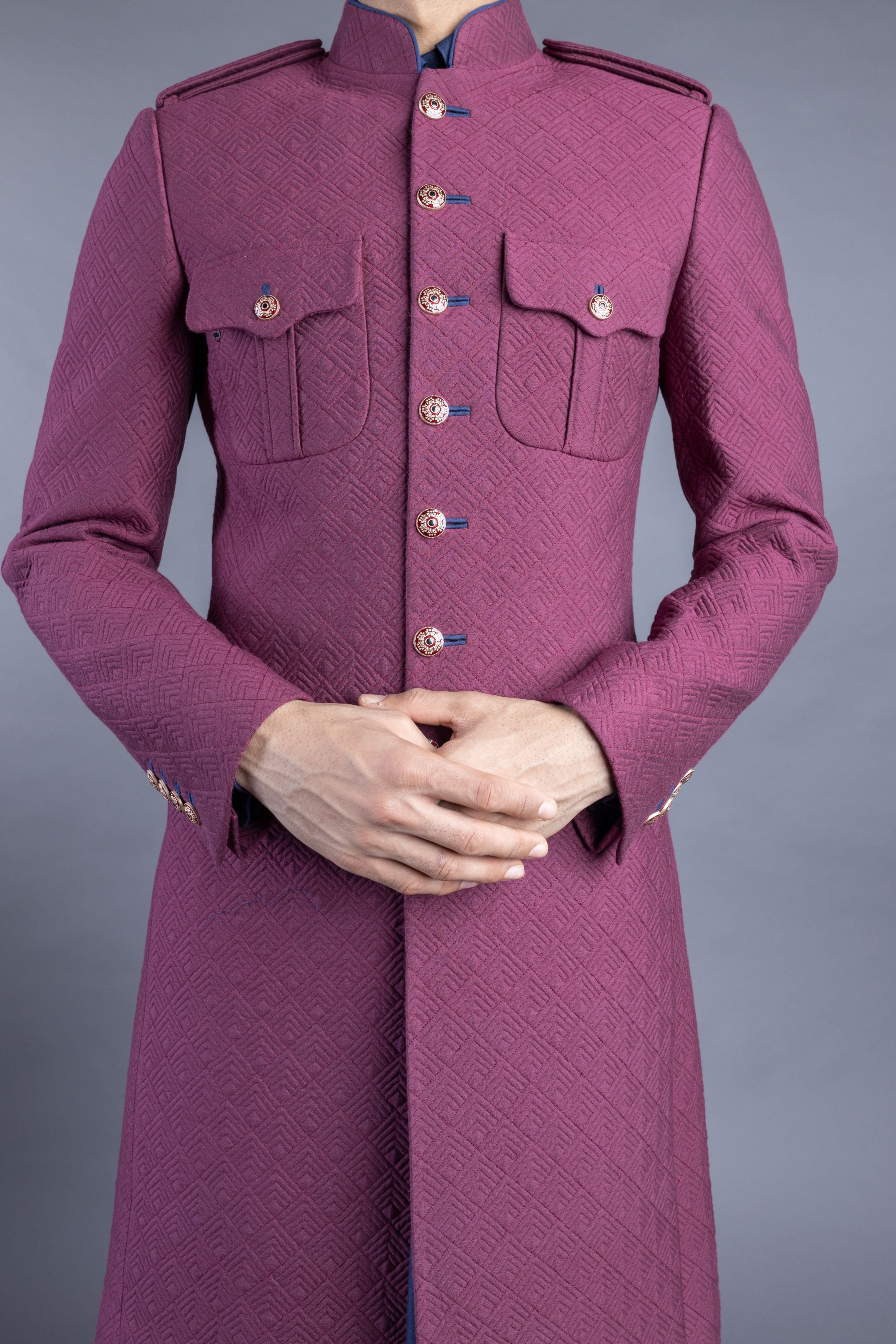 Purple Brocade Quilted Sherwani And Kurta Set