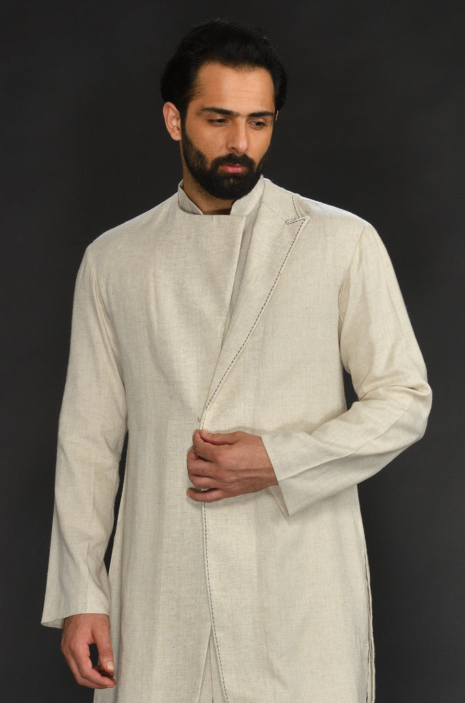 DOUBLE LAYER FLAX KURTA WITH SADDLE STITCH ON CHEST PAIRED WITH FLAX CHURIDAR
