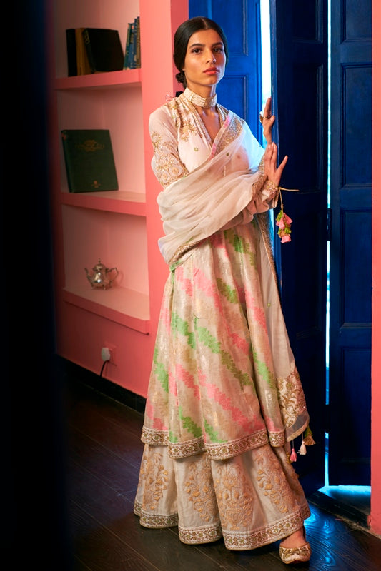 Ivory Handloom Chanderi Double Layer Embroidered Anarkali With Pink & Green Leheriya & Organza Dupatta