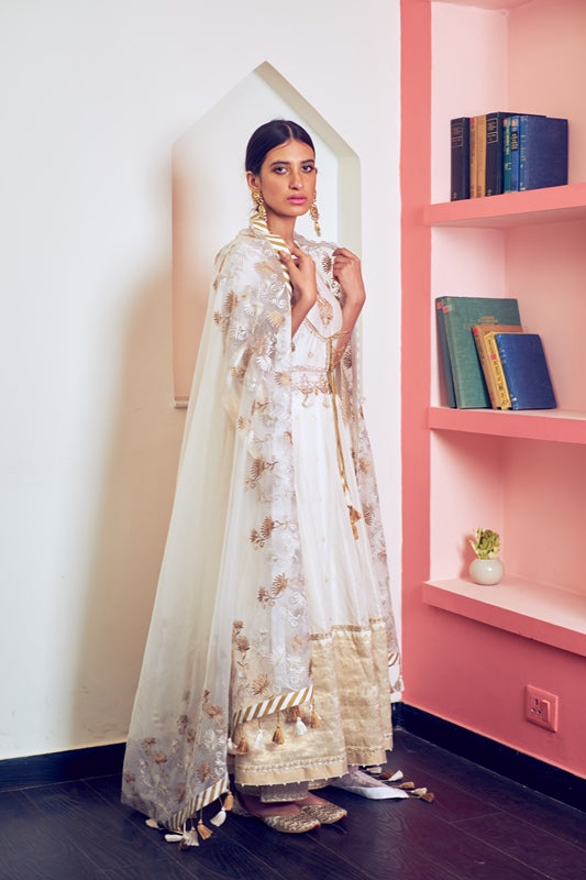 Ivory Handloom Chanderi Kurta With Gold Woven Boarder & Embroidered Pants With Organza Dupatta