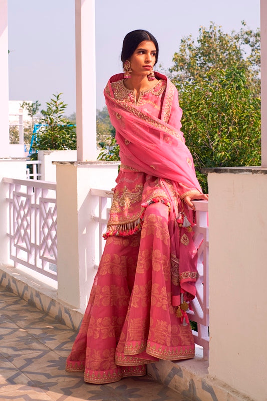 Pink Handloom Chanderi Hand Embroidered Kurta With Embroidered Sharara & Organza Dupatta