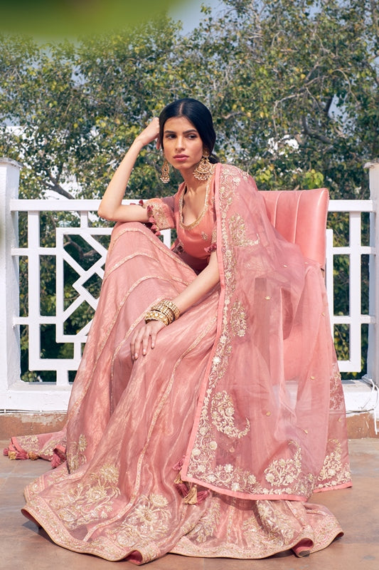 Old Rose Woven Dhari Embroidered Handloom Chanderi Lehenga With Embroidered Blouse & Organza Dupatta