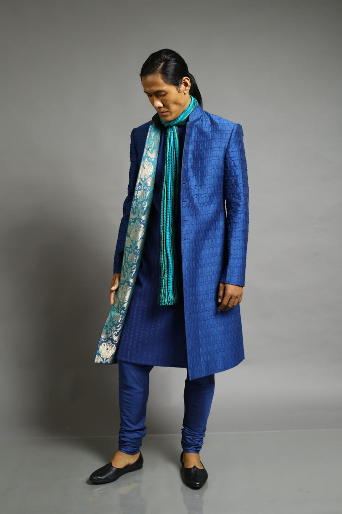 Blue Chanderi Textured Bandhgala