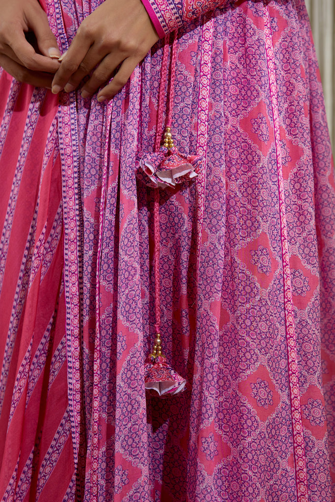 Pink Cotton Satin Floral Print Angrakha Set