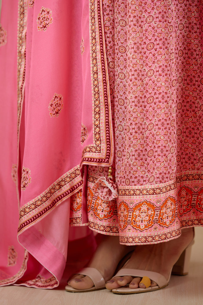 Pink Cotton Satin Floral Print Anarkali Set