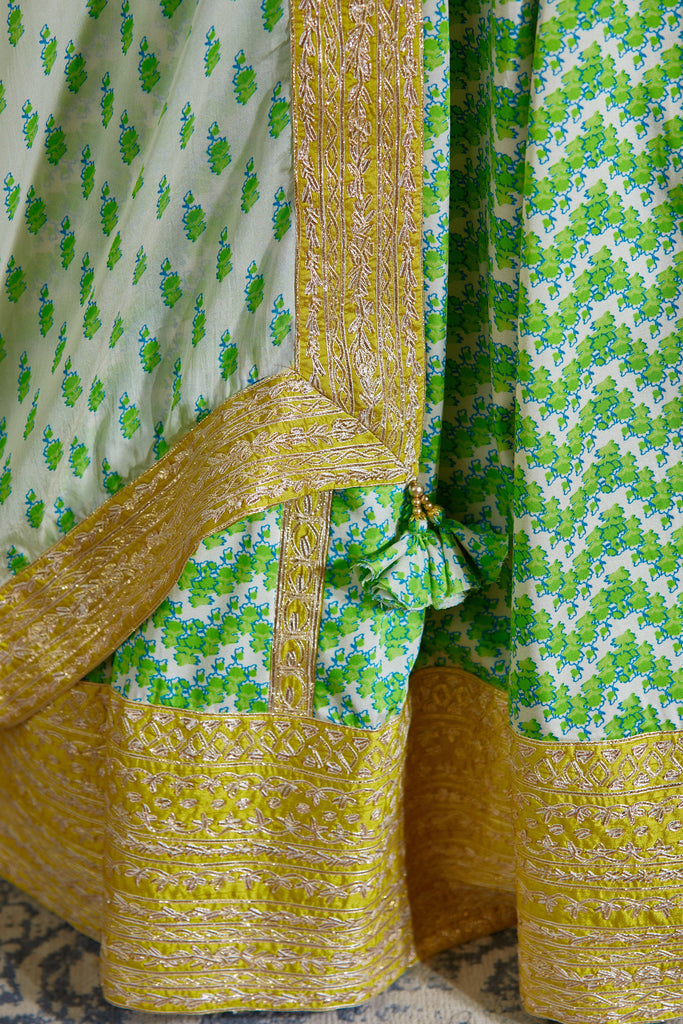 Green Cotton Satin Floral Print Lehenga Set