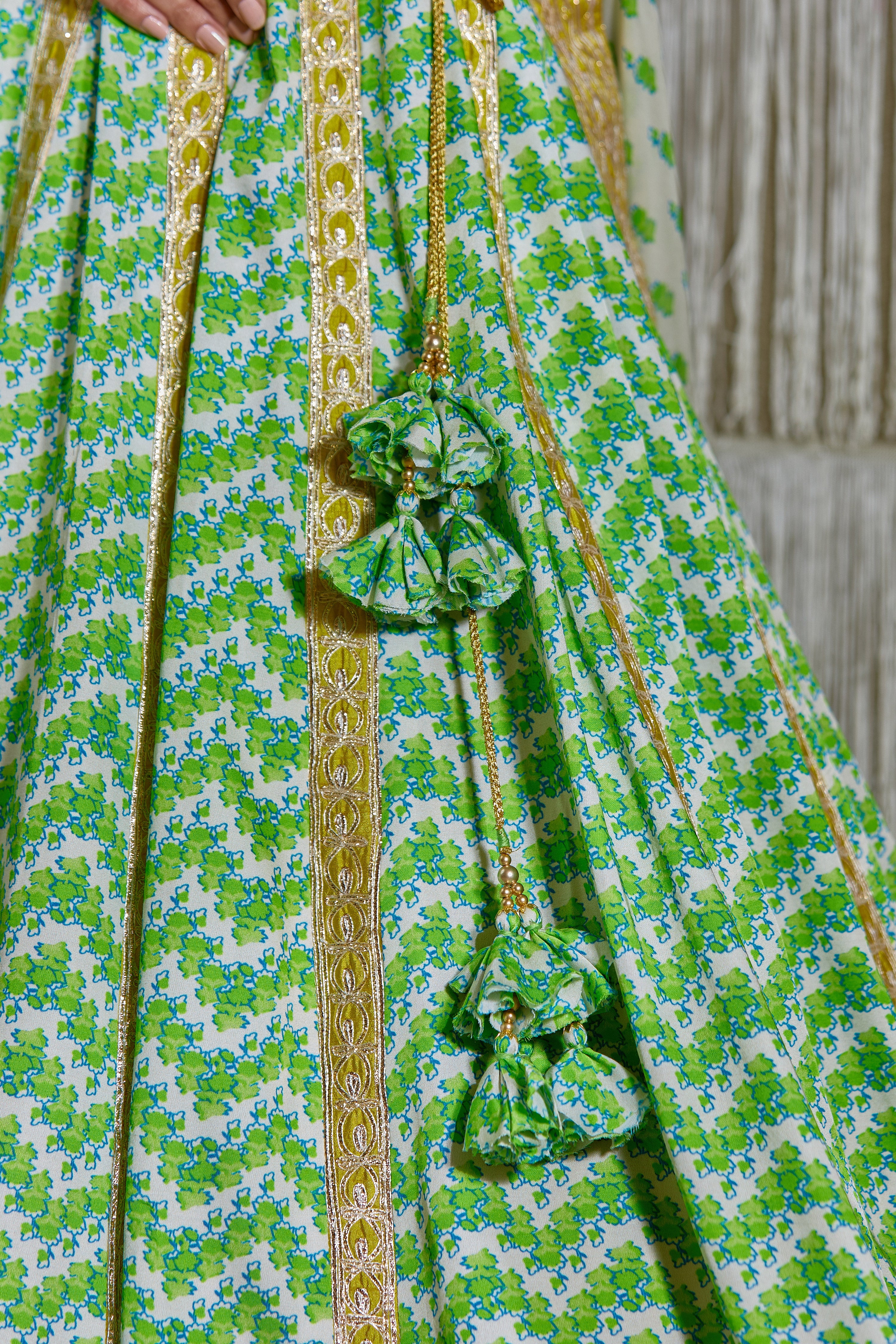 Green Cotton Satin Floral Print Lehenga Set