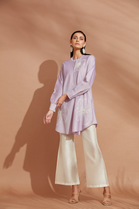 Lilac Cotton Tunic With Off White Wide Pants