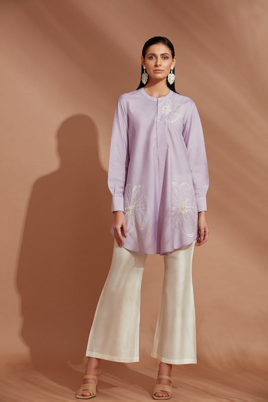 Lilac Cotton Tunic With Off White Wide Pants